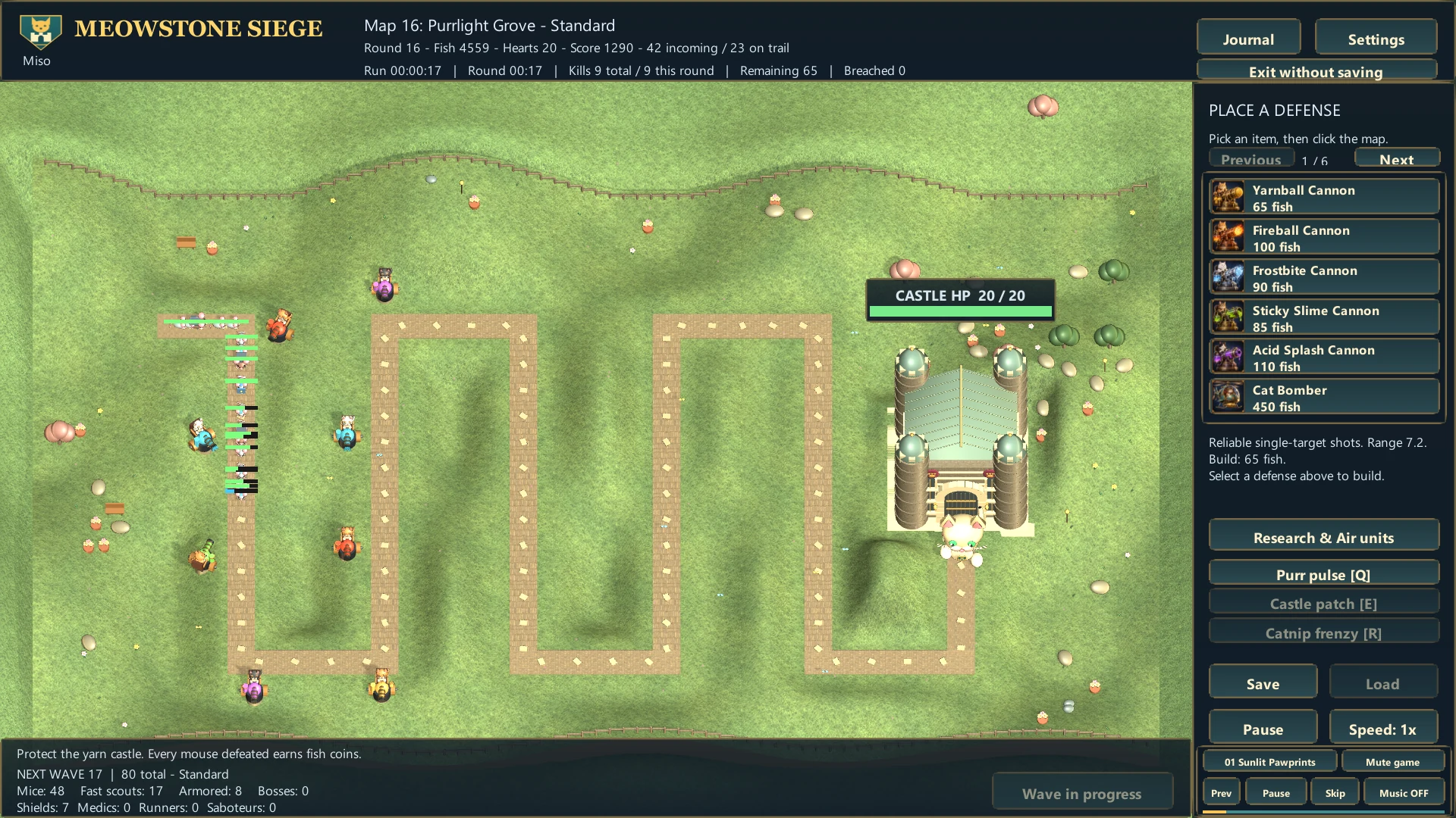 Cat cannons defend a winding road across a green garden map