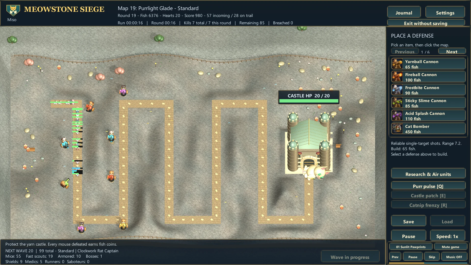 Cat defenders face an advancing wave in a twilight biome